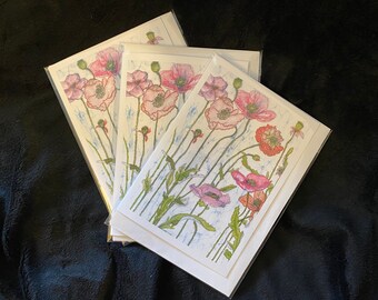 Shirley Poppy Batik Print Notecard with Envelope (single) / Poppy / Flower / Poppy Heads / Poppies