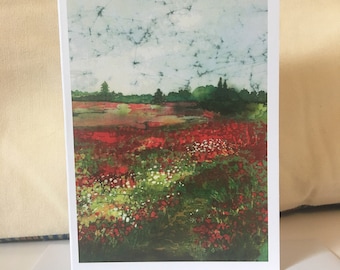 Poppy Field Batik Print Notecard with Envelope (single) / Wild Flower Poppies / Red Poppy / Field of Flowers / Original Artwork