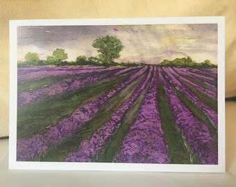 Lavender Field Batik Print Notecard with envelope (single) / Flower Field / Purple Landscape / Flowers / Botanicals / Original Artwork