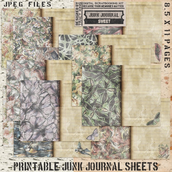 Sweet Journal Pages, Printable Junk Journal Pages, Image on one side, journal on the other, Flowers, Birds, Foliage, Butterflies