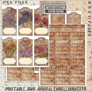 Printable Tags and Words, junk journal, scrapbooking, art journal, unique, individually colored, flowers, harvest, fall