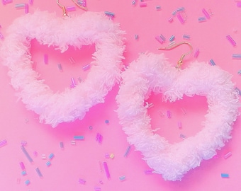 Kawaii Fairy Kei Fluffy Pink Heart Earrings/Sweet Lolita/Soft Decora/Pastel Kei Harajuku Fashion 90s aesthetic/Kawaii Aesthetic Magical