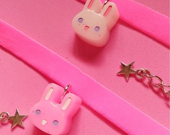 Schattige kat, beer en klein konijntje hars fluwelen chokers - pastelroze fluwelen choker - Fairy Kei hars kat konijn - handgemaakte Yume kawaii choker