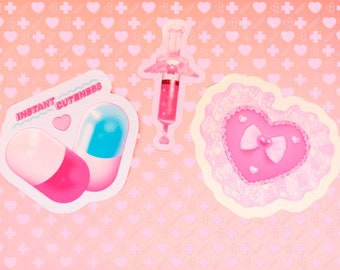 Funky Pastels Menhera Kei Fan Stickers(3 Pack)| Menhera Eyepatch| Pink pastel goth | Kawaii Pills | Harajuku Decora |Kawaii Stationary