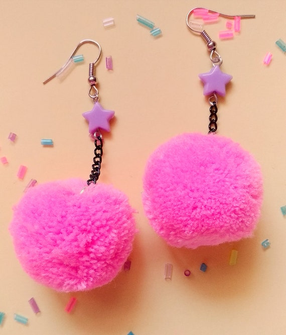 Neon Pink Pom Pom Earrings/ 90 Style / Pom Poms 90s  display picture 2