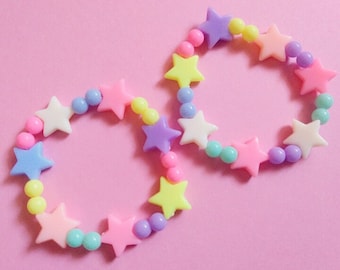 Pastel Fairy Kei Bracelet - Kawaii Stars - Kawaii Tsundere Yandere Sugoi Bracelet- Beaded Handmade Rainbow Word Letters - Pop Kei Outfits