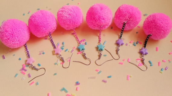 Neiman Marcus Bright Pink Pom-Pom Fan Drop Earrings Amazon.com: Pom Pom Dangle Earrings Statement Fluffy Fur  main image 3
