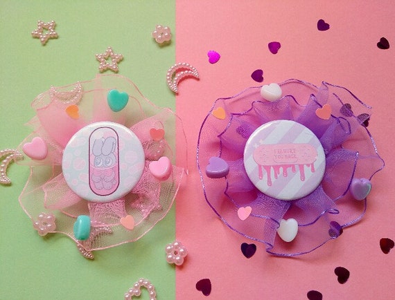 Capsule Bunny and Menhera Band Aid Rosette Brooch Button-Harajuku Lace Cute Soft Pink Purple-Pastel Fairy Kei Guro Kawaii-Yami Kawaii Pin