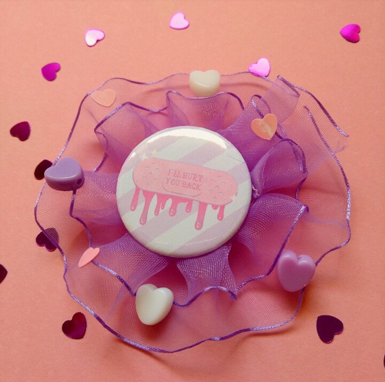 Capsule Bunny and Menhera Band Aid Rosette Brooch Button-Harajuku Lace Cute Soft Pink Purple-Pastel Fairy Kei Guro Kawaii-Yami Kawaii Pin I'll Hurt You Back