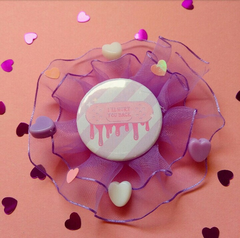 Capsule Bunny and Menhera Band Aid Rosette Brooch Button-Harajuku Lace Cute Soft Pink Purple-Pastel Fairy Kei Guro Kawaii-Yami Kawaii Pin image 3