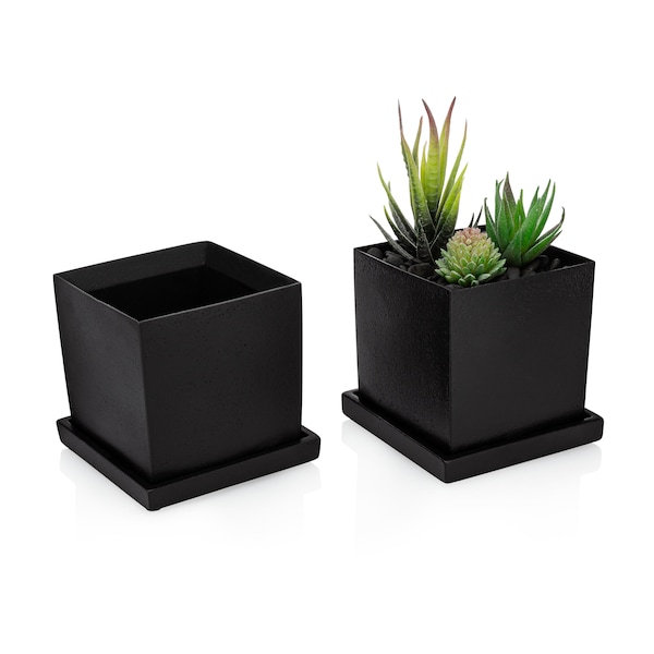 Essentra Home Square Succulent Planter Set of 2, Modern Concrete Mini Planters with Saucer, Plants not Included