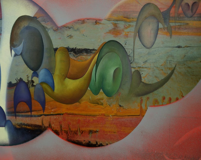 Charles Delporte surrealist mixed mefia (oil + ptay paint) l on board titled 'La Nouvelle Planete' created c. 1970 / Salvador Dali