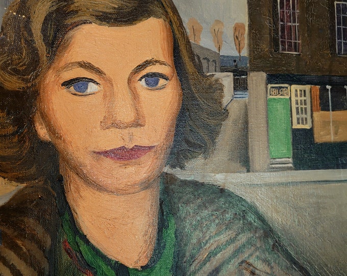 HUGH CRONYN 1937 oil on canvas portrait of Norah McGuiness in front of The Black Lion pub on (South) Black Lion Lane in Hammersmith, London
