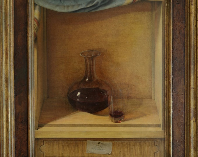 Trompé l'œil oil on board of red wine decanter and glass set in wooden nook with pinned business card to base in James Bourlet & Sons frame