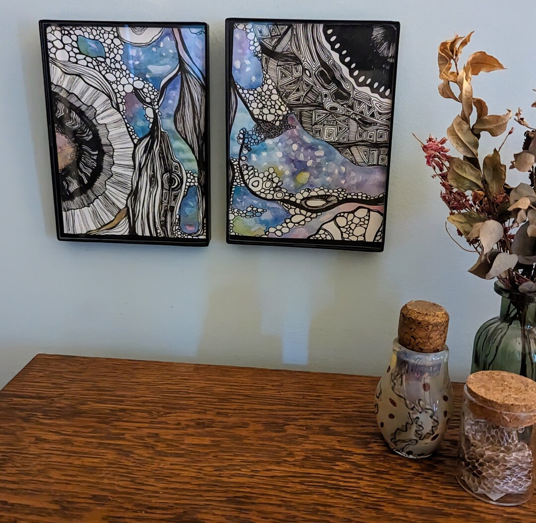 Abstract Set - Framed Pen & Ink Watercolor - Etsy