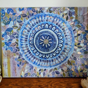 Blue Leaves Mandala - acrylic painting on canvas