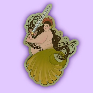 Autocollant sirène princesse guerrière - épée art nouveau faite main en vinyle imperméable grasse, grande taille, positif
