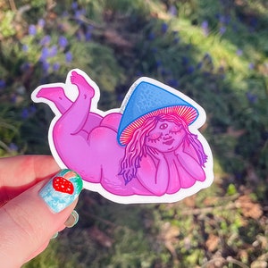 Mushroom babe viola rosa adesivo impermeabile corpo positivo cottagecore sfacciato sfacciato culo carino grasso plus size arcobaleno psichedelico