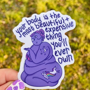 Body positive Babe punk tattoo Mantra sticker Zelfliefde eenhoorn regenboog paars intuïtief eten vet bevrijding anti dieet