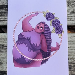 Body positive print 4x6 print 5x7 fat plus size purple rose curvy fat art valentines gift peach pastel hoop portrait