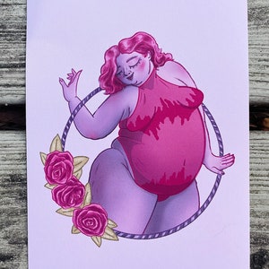 Body positive print 4x6 print 5x7 fat plus size pink rose curvy fat art valentines gift peach pastel hoop portrait