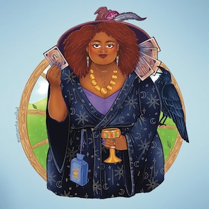 Tarot bruja arte impresión 5x7 8x10 cuervo adivinación adivino Oráculo cuerpo positivo gordito cuento de hadas brujo