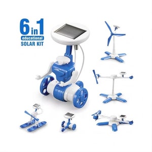 May include: A 6-in-1 educational solar kit featuring blue and white robot, windmill, boat, and car models. The kit includes a solar panel and instructions for building different models.