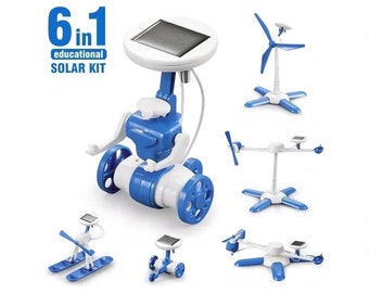 May include: A 6-in-1 educational solar kit with blue and white robot, windmill, boat, and car models. The kit includes a solar panel and instructions for building different models.