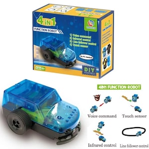 May include: A blue and green 4-in-1 function robot toy with a clear plastic body. The robot has four different functions: voice command, infrared control, line follower control, and touch sensor. The robot is assembled and ready to play. The box shows the robot in different functions. The box also says "DIY Assemble".