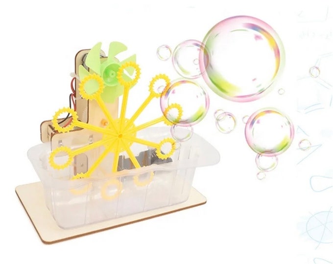 DIY kit build wooden bubble blowing machine • educational STEM science technology engineering mechanics physics toy