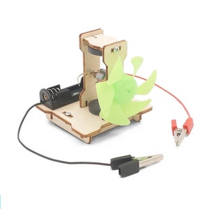 May include: A wooden science kit with a green fan, a battery, and wires. The fan is attached to a motor that is powered by the battery. The kit is designed to teach children about electricity and magnetism.