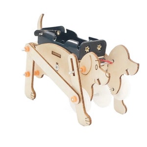Könnte beinhalten: Ein hölzerner Spielzeug-Hund mit einem schwarzen Motor und weißen Rädern. Der Hund ist aus hellem braunem Holz gefertigt und hat einen weißen und orangen Schwanz.
