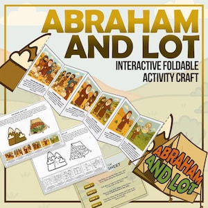 以下が含まれることがあります： 「アブラハムとロト」と題されたインタラクティブな折りたたみ式アクティビティクラフト。このクラフトは、聖書のシーンと指示のイラストを特徴としています。「アブラハムとロト」というテキストが大きな金色の文字で表示され、黒いテキストも含まれています。
