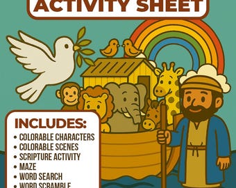 Hoja de actividades bíblicas del Arca de Noé: descarga instantánea, manualidad ideal para niños cristianos, educación en el hogar, mantel individual para la escuela dominical y estudios bíblicos.