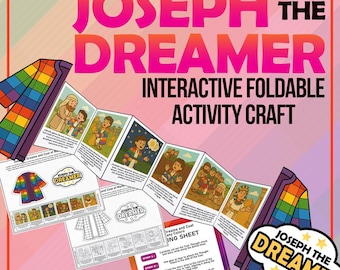 May include: An interactive foldable activity craft with the text "Joseph the Dreamer." The image features a colorful, illustrated storybook, a coat of many colors, and instructions. The design includes a rainbow-colored coat and the words "Interactive Foldable Activity Craft."