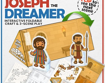 May include: A children's craft set, "The Story of Joseph the Dreamer," featuring a 3-scene play. The set includes paper cutouts of characters and a foldable building scene. The design is colourful, with the text "Flip to see the next scene" and illustrations.