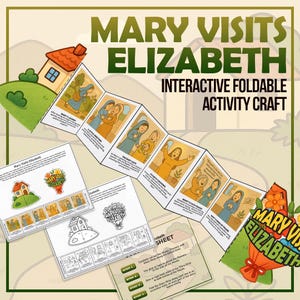 Può includere: Un'attività artigianale pieghevole interattiva intitolata "Maria visita Elisabetta". Il design presenta illustrazioni di scene bibliche, una casa e il testo "Maria visita Elisabetta". La tavolozza dei colori comprende verde, marrone e arancione.
