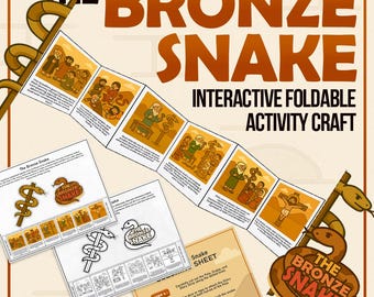 Può includere: Un'attività artigianale pieghevole e interattiva intitolata "The Bronze Snake". L'immagine presenta uno schema di colori marrone e beige con illustrazioni e testo. L'artigianato include una striscia di storia pieghevole, un foglio di istruzioni e una grafica di serpente.