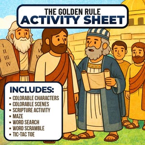 May include: An activity sheet titled "The Golden Rule" with illustrations of biblical figures. The sheet includes colorable characters and scenes, a maze, word search, and more. The image has a cartoon style.
