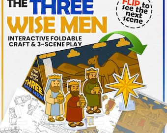 Puede incluir: Un juego interactivo plegable y de 3 escenas titulado "The Story of the Three Wise Men". El juego incluye figuras ilustradas de los Reyes Magos, una estrella y un camello. El diseño presenta una combinación de colores azul, marrón y amarillo.