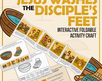 Puede incluir: Ilustración de una manualidad educativa titulada "Jesús lava los pies de los discípulos". La imagen presenta una actividad plegable con ilustraciones de Jesús lavando los pies, junto con instrucciones y una hoja para colorear.