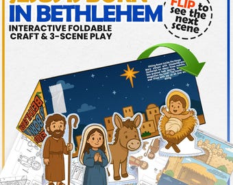 Puede incluir: Un juego interactivo plegable y de 3 escenas con el texto "JESÚS NACE EN BELÉN". El juego incluye figuras ilustradas de José, María, un burro y el niño Jesús. El fondo representa Belén.