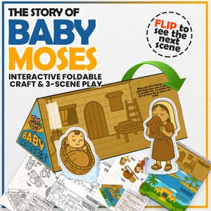 Może przedstawiać: Interaktywny, składany zestaw rzemieślniczy i 3-scenowy zatytułowany "The Story of Baby Moses". Zestaw zawiera konstrukcję w kształcie domu, wycięte figurki i kolorowanki. Widoczny jest również tekst "Flip to see the next scene".