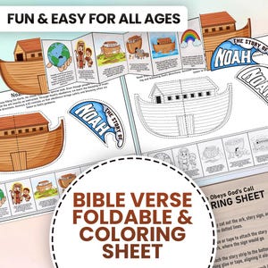 May include: A printable colouring and foldable sheet featuring the story of Noah's Ark. The sheet includes a title "The Story of Noah" and a verse "Noah Obeys God's Call". The sheet is designed for children to colour and cut out the ark, animals, and other elements.