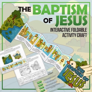 Op de afbeelding: Een interactieve, opvouwbare activiteitenset getiteld "De Doop van Jezus". Het ontwerp bevat illustraties van de doop van Jezus, een duif en de tekst "Interactieve opvouwbare activiteitenset". Het kleurenpalet omvat groen, blauw en beige.