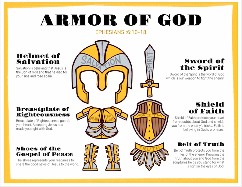 May include: A colorful illustration of the Armor of God, a Christian concept, with each piece of armor representing a spiritual virtue. The helmet is labeled "Salvation", the breastplate is labeled "Righteousness", the shoes are labeled "Gospel of Peace", the shield is labeled "Faith", the belt is labeled "Truth", and the sword is labeled "Spirit". The text "Ephesians 6:10-18" is also included.
