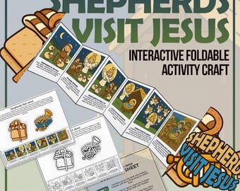 Puede incluir: Una manualidad de actividad plegable e interactiva titulada "Shepherds Visit Jesus". El diseño presenta ilustraciones de pastores, ángeles y la escena de la natividad. La manualidad incluye una tira de historia plegable y una hoja con instrucciones.