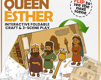 May include: An interactive foldable craft and 3-scene play set titled "The Story of Queen Esther." The set includes illustrated characters, a golden scepter, and a backdrop with the text "Flip to see the next scene."