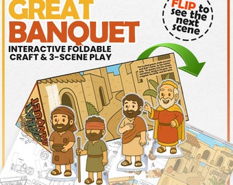 May include: An interactive foldable craft and 3-scene play set titled "The Parable of Great Banquet." The set features illustrated characters and scenes, with the text "Flip to see the next scene."