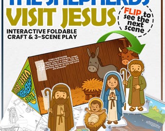 Puede incluir: Un juego de manualidades interactivo plegable y de 3 escenas titulado "Los pastores visitan a Jesús". El juego incluye figuras ilustradas de María, José, el niño Jesús y pastores, junto con una escena del establo e instrucciones.